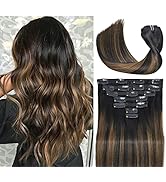 Ukira Clip in Hair Extensions Real Human Hair, 12 Inch 100g Natural Black to Chestnut Brown Balay...