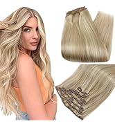 Full Shine Blonde Highlight Clip in Hair Extensions Human Hair Clip in Hair Extensions Remy Human...