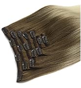 DOORES Ombre Human Hair Extensions Clip in Ash Brown to Platinum Blonde 14 Inch 120g 7pcs Real Cl...