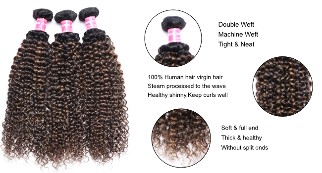 unice ombre brown with blonde highlights curly human hair bundles double wefts with hd lace closure