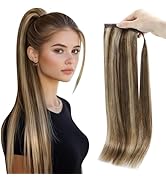 Full Shine Hair Extensions Clip in Ponytail Human Hair Extensions Medium Brown Highlights Honey B...