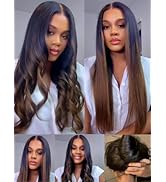 UNICE Chestnut Brown Ombre Yaki Straight 7x5 Pre Cut HD Lace Front Wigs Human Hair with Drawstrin...