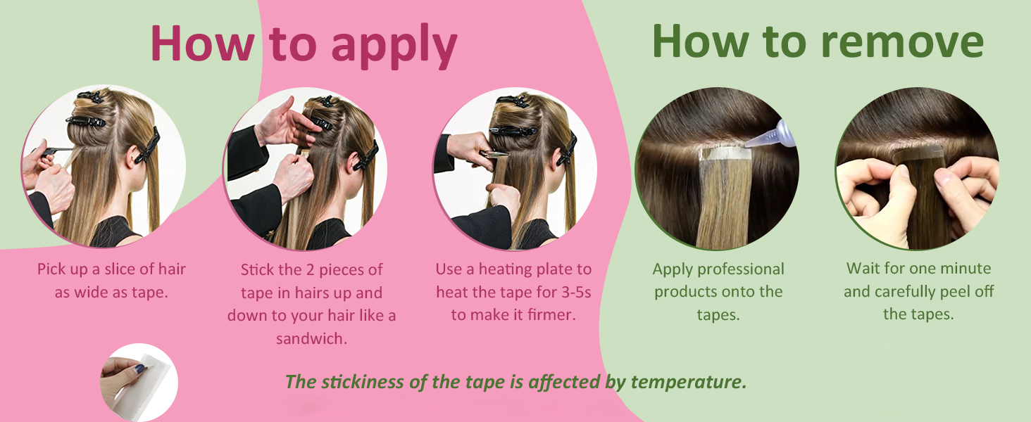 Text reads 'How to apply' and 'How to remove'. Step-by-step application and removal instructions for a beauty product, featuring multiple demonstration panels with pink and green backgrounds.
