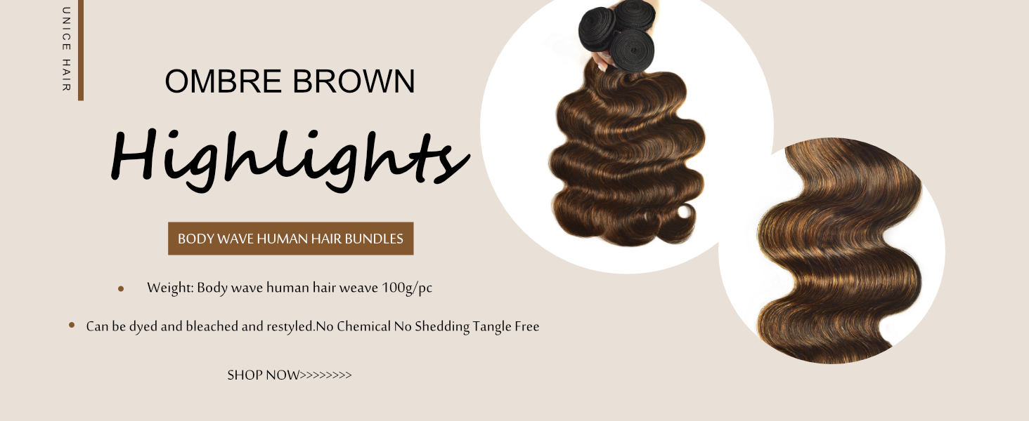 unice ombre brown highlight body wave human hair bundles double wefts durable no shedding no tangle