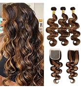 MOMOSHERO Brown Highlight 3 Bundles with 4x4 Closure Human Hair Body Wave HD Lace Free Part, Fb30...