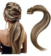 Easyouth Ponytail Extension Human Hair Pony Tails Hair Extensions Dark Brown Highlighted Honey Bl...