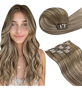 LaaVoo Brown Clip in Hair Extensions Real Human Hair Light Brown To Golden Blonde Balayage Hair E...