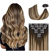 Ukira Blayage Hair Extensions Real Human Hair Clip ins, 100g 12 Inch Chocolate Brown to Caramel B...