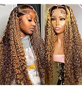 Highlight Ombre 13x6 Lace Front Wigs Human Hair 180 Density Curly Honey Blonde 4/27 HD Transparen...