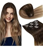 LaaVoo Real Hair Extensions Clip in Human Hair Brown Ombre Human Hair Clip in Extensions Darkes B...