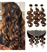 MOMOSHERO Dark Brown Highlight 3 Bundles with 13x4 Frontal Body Wave Human Hair Free Part, Soft G...