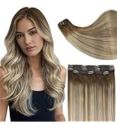 Full Shine Ombre Hair Extensions Clip in Human Hair Dark Brown Roots Ash Brown Mix Medium Blonde ...