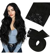 Moresoo Black Clip in Hair Extensions Real Human Hair Clip in Extensions Black Hair Extensions fo...