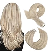 Moresoo Tape in Highlighted Hair Extensions Real Human Hair Ash Blonde Mix with Bleach Blonde Tap...