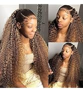 13x6 Highlight Lace Front Wigs Human Hair 180 Density Curly Ombre Honey Blonde 4/27 HD Transparen...