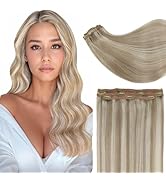Full Shine Clip in Human Hair Extensions - 18 Inch Golden Blonde Highlights, Medium Blonde, Strai...