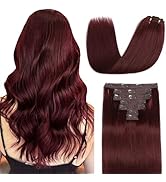 Sisily Clip in Hair Extensions Real Human Hair, 18 inch 120g, Burgundy Red, 100% Brazilian Remy H...