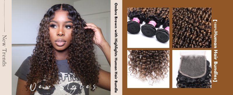 unice ombre brown with blonde highlights jerry curly human hair bundles with closure