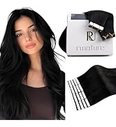 RUNATURE Tape in Hair Extensions Human Hair Black,20 Inch Invisible Jet Black Tape in Extensions ...