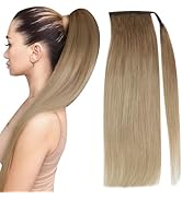 Full Shine Human Hair Extensions Ponytail Wrap Around Clip in Hair Piece Blonde Balayage Natural ...