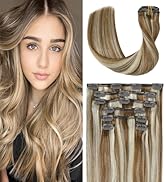 UGOTRAYS Clip In Hair Extensions Real Human Hair Extension Light Brown Mixed Bleach Blonde Hair E...