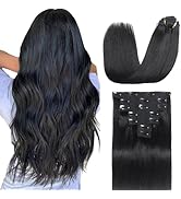 Sisily Clip in Hair Extensions Real Human Hair, 24 Inch Premium Human Hair Clip in Extensions Jet...