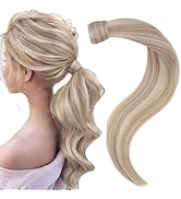 Easyouth Pony Tails Hair Extensions Human Hair Blonde Ponytail Extension Ash Blonde Highlighted B...
