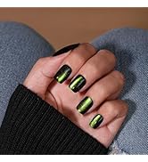 KQueenest Cat Eye Press On Nails Short, 30 Pcs Glitter Black Neon Green Press On Nails Square, Sp...