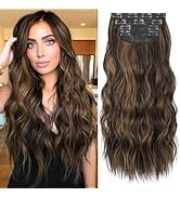 KooKaStyle Clip in Long Wavy Synthetic Hair Extension 20 Inch 4PCS Balayage Dark Brown to Chestnu...