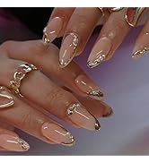 Short Press on Nails Almond Fake Nails French Tip False Nails with Gold Line Design Glue on Nails...