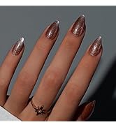 KQueenest Cat Eye Press On Nails Short, Fall Press On Nails Almond, Sparkle Light Brown Fake Nail...