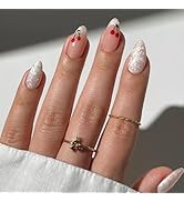 Press on Nails Almond Fake Nails Medium False Nails Press ons with Cherry Pattern Design French T...