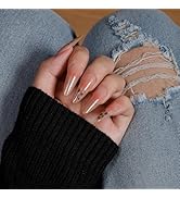 KQueenest 30 Pcs Glitter Gold French Tip Press On Nails Almond Long, Sparkly Glitter Fake Nails W...