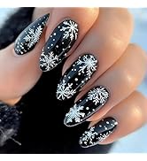 Christmas Press on Nails Medium Almond - Black Fake Nails with White Snowflake Design - Glossy Fu...