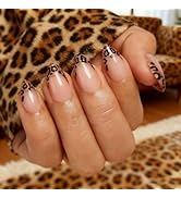 KQueenest Glitter Leopard French Tip Press On Nails Short Almond, Sparkly Fall Fake Nails With Gl...