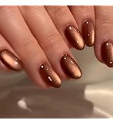 KQueenest Cat Eye Press on Nails Short Oval, 30 Pcs Light Brown Fake Nails Short Round, Glitter G...