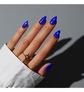 KQueenest Dark Blue Press On Nails Short - Acrylic Press On Nails Almond, Sheer Navy Blue Fake Na...