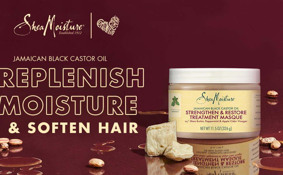 Tub of Treatment Masque with pieces of shea butter and castor oil beans nearby.