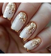 Medium Square Press on Nails White Fake Nails with Gold Glitter Design Acrylic Full Cover Stick o...