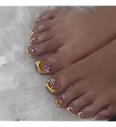 Yellow Press on Toenails Short Square Fake Toe Nails Glossy Full Cover French Tip Acrylic Toenail...