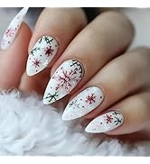 Christmas Press on Nails Medium Almond - White Fake Nails with Red Green Snowflake Design - Gloss...