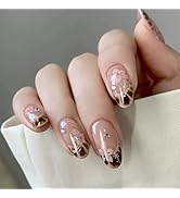 Short Press on Nails Almond - Brown French Fake Nails with Flower Crack Design - Fall False Nails...