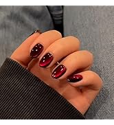 KQueenest Cat Eye Press on Nails Short Oval, 30 Pcs Dark Red Fake Nails Short Round Round, Glitte...