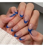 KQueenest Royal Blue French Tip Press On Nails Short Almond, 30 Pcs Acrylic Press On Nails With G...