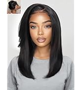 Nadula Yaki Straight Drawstring Wig Human Hair with Side Layered Bangs, Pre Cut Glueless 7x5 HD B...