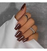 KQueenest Dark Brown Press On Nails Medium Long Square - Acrylic Press On Nails with Glue, Coffin...