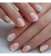 Extra Short Press on Nails French Tip Fake Nails with Flower Designs Stick on Nails，Glossy Reusab...