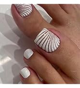 White Toe Press on Nails Short Toe Nail Press ons with Shell Pattern Designs Summer Press on Toen...