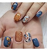 Fall Press on Nails Short Square Fake Nails Pumpkin Leaf False Nails Thanksgiving Full Cover Blue...