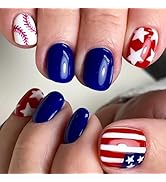 Independence Day Press on Nails Short Square Fake Nails with Star Designs Red Blue American Flag ...